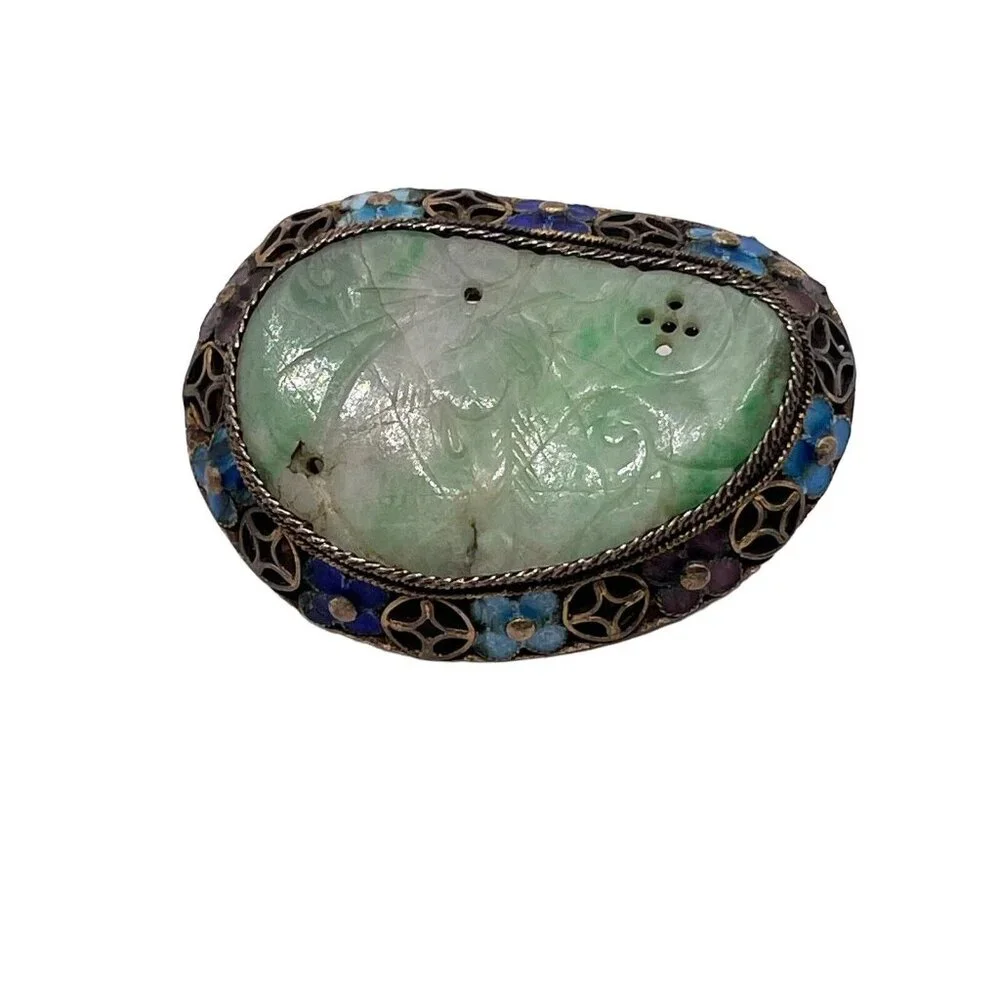 Sterling Silver 925 Carved Jade Enameled Brooch‎ Pin VTG Chinese Asian Flowers